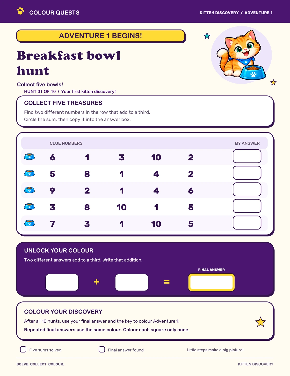 Kitten Discovery: Breakfast bowl hunt, five number rows and a secret addition