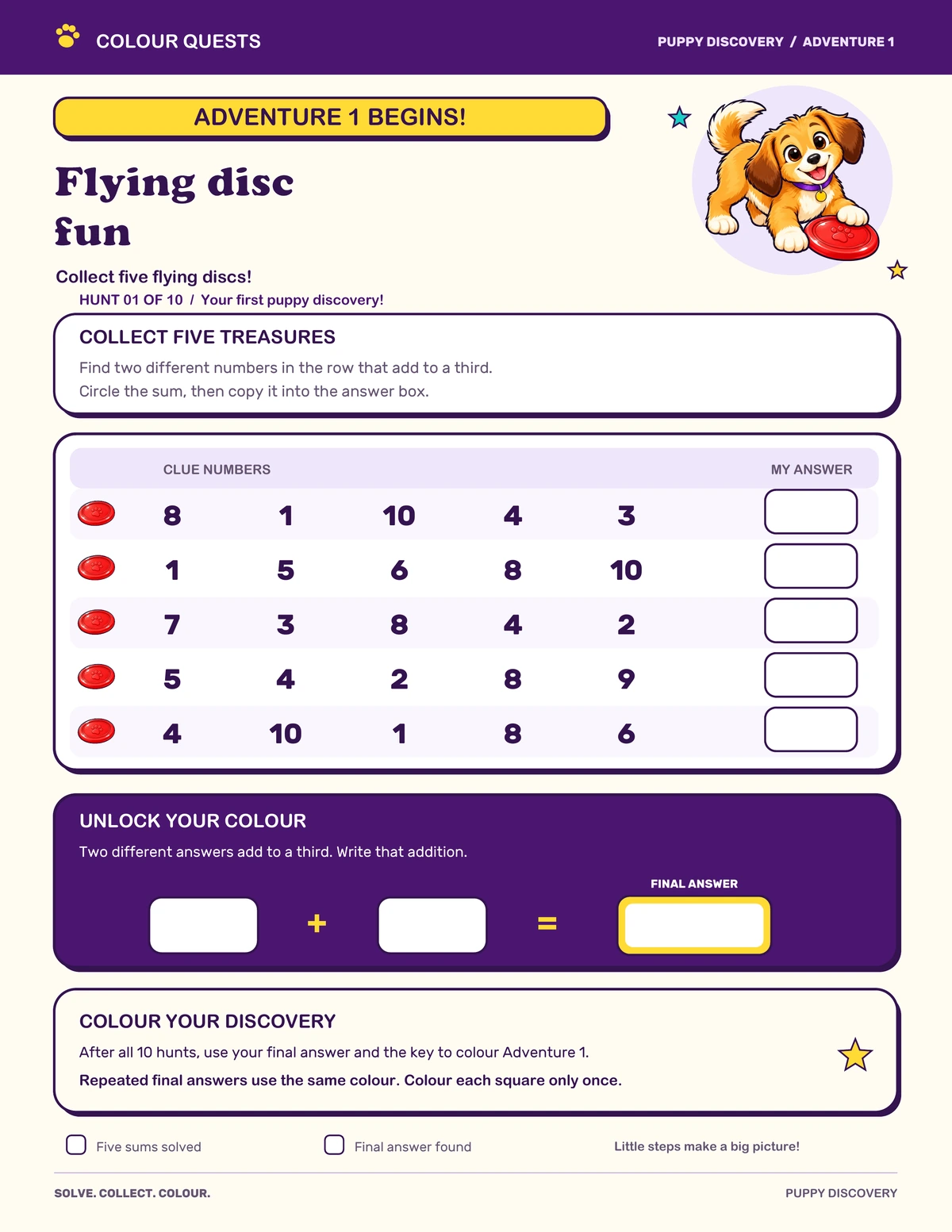 Puppy Discovery: Flying disc fun, five number rows and a secret addition