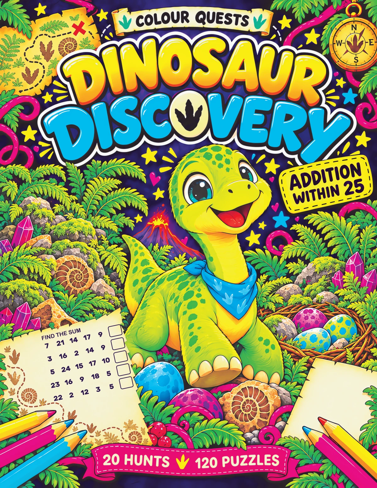 Development cover for Dinosaur Discovery with a smiling green dinosaur in a prehistoric forest