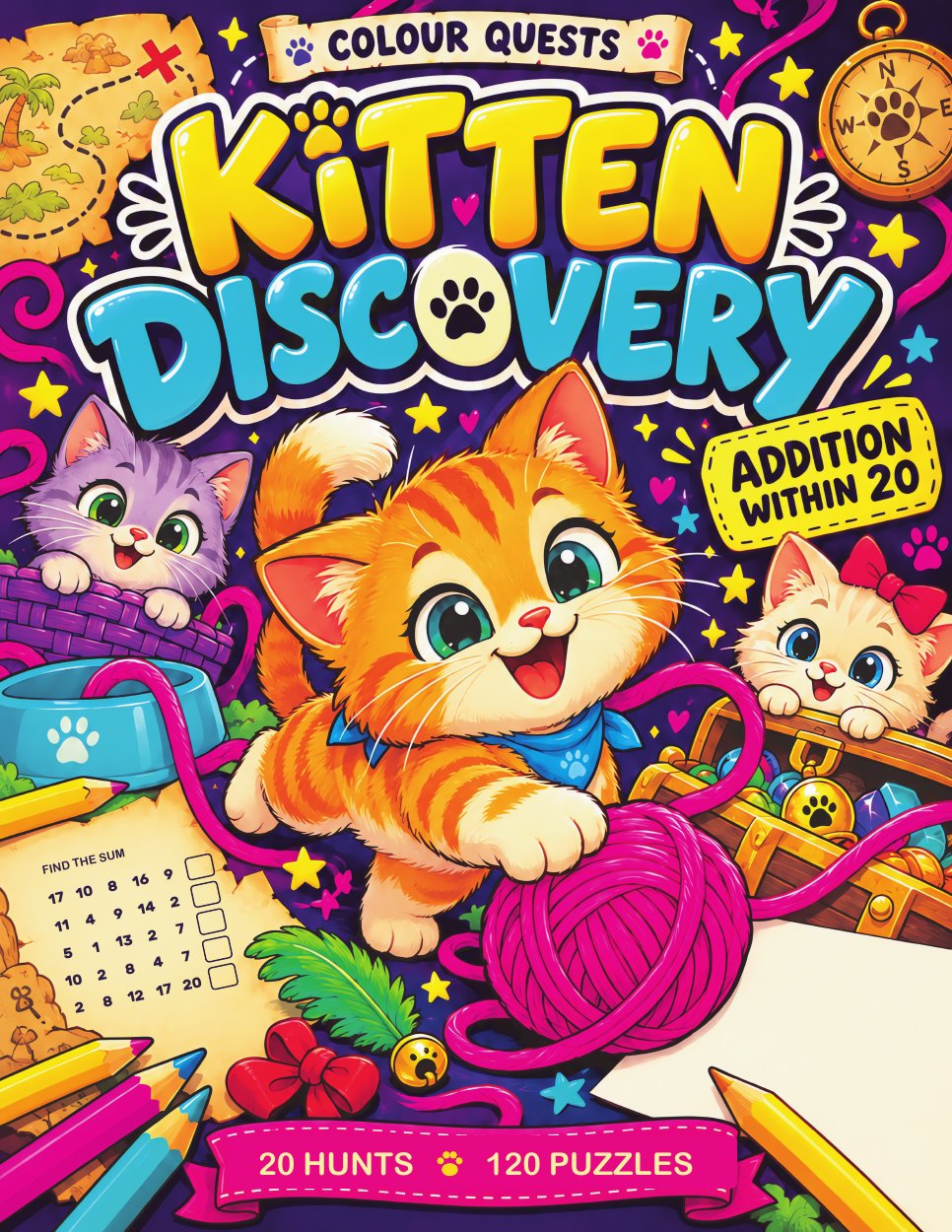 Kitten Discovery cover, showing three kittens, pencils and a treasure map