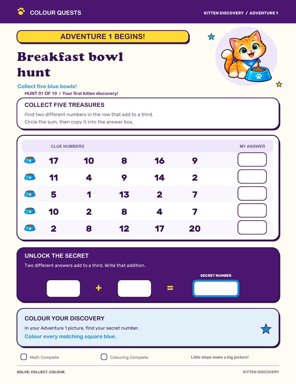 Sample breakfast bowl hunt with a kitten, number clues and answer boxes