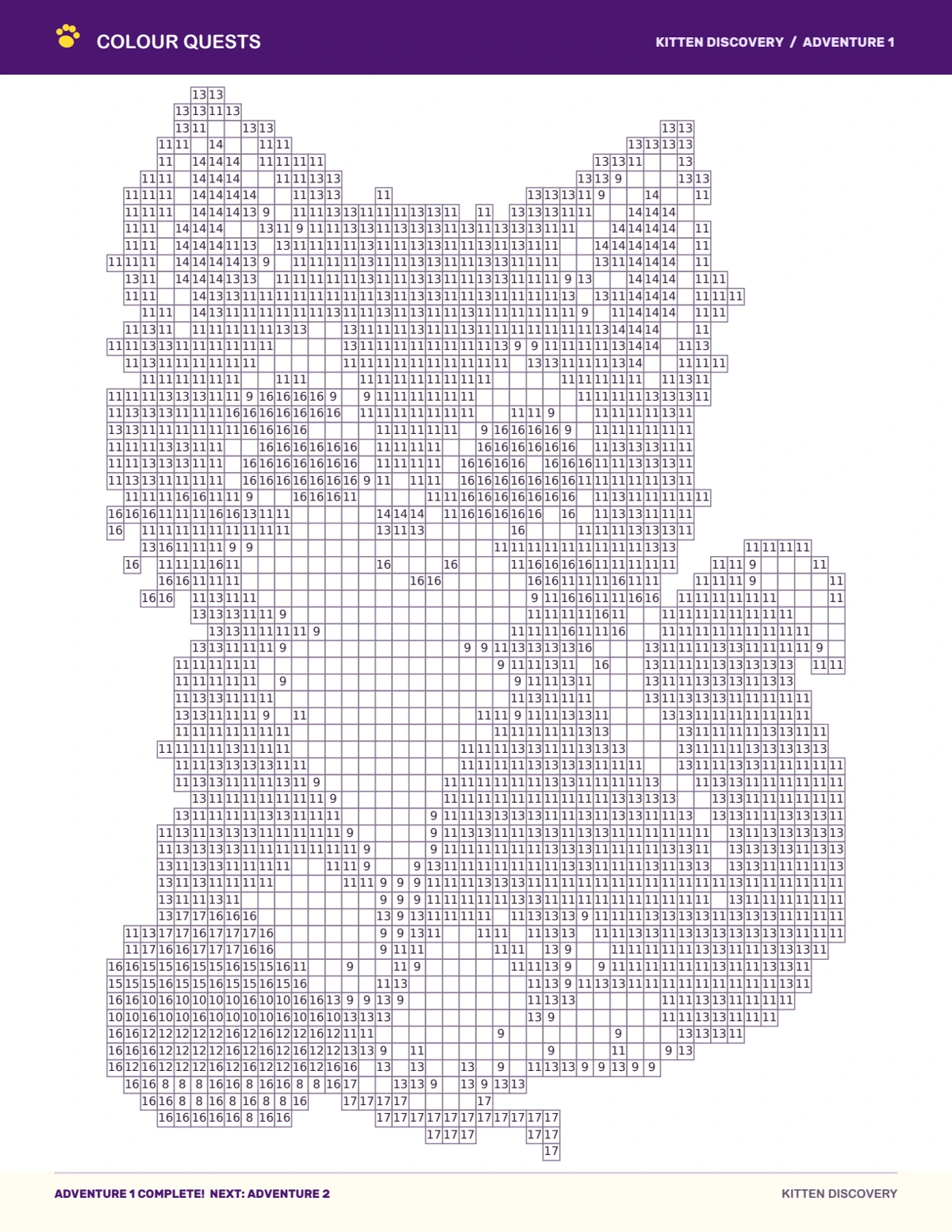 Kitten Discovery first adventure's numbered colouring map