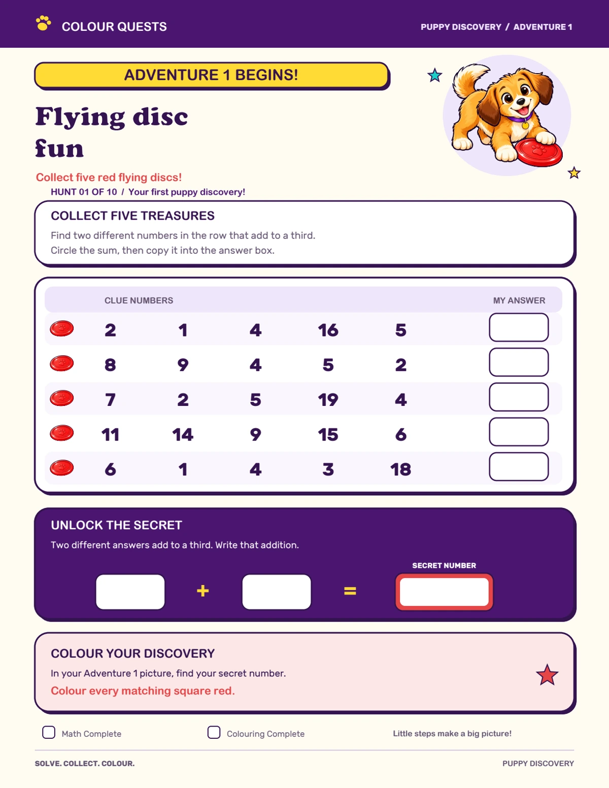 Puppy Discovery: Flying disc fun, five number rows and a secret addition