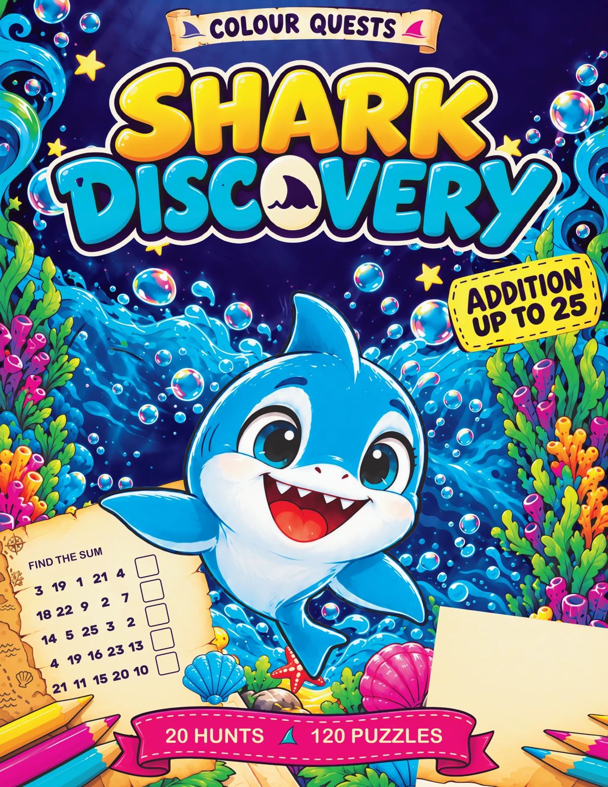 Development cover for Shark Discovery with a smiling blue shark and sea life