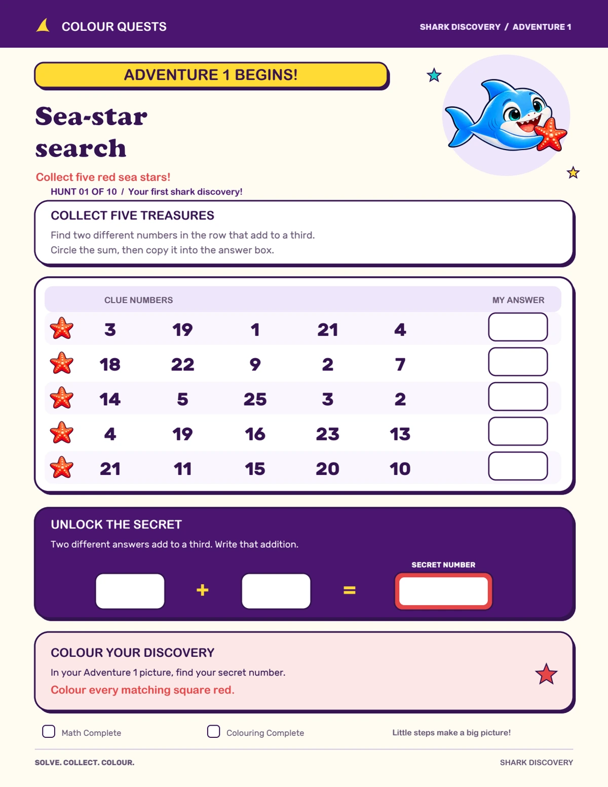 Shark Discovery: Sea-star search, five number rows and a secret addition
